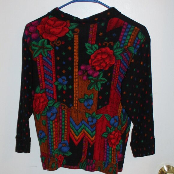 Vintage Women's Stretchy Floral Black Button up Long Sleeve Top - Picture 2 of 8